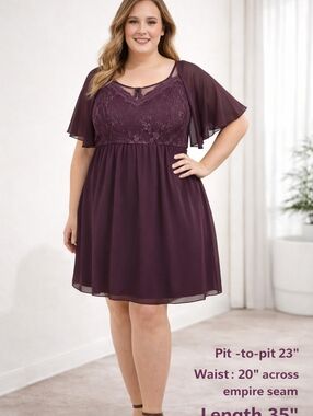 Suzanne Betro 2X Plum Lace Chiffon Dress NWT Plus Size Flutter Sleeve
